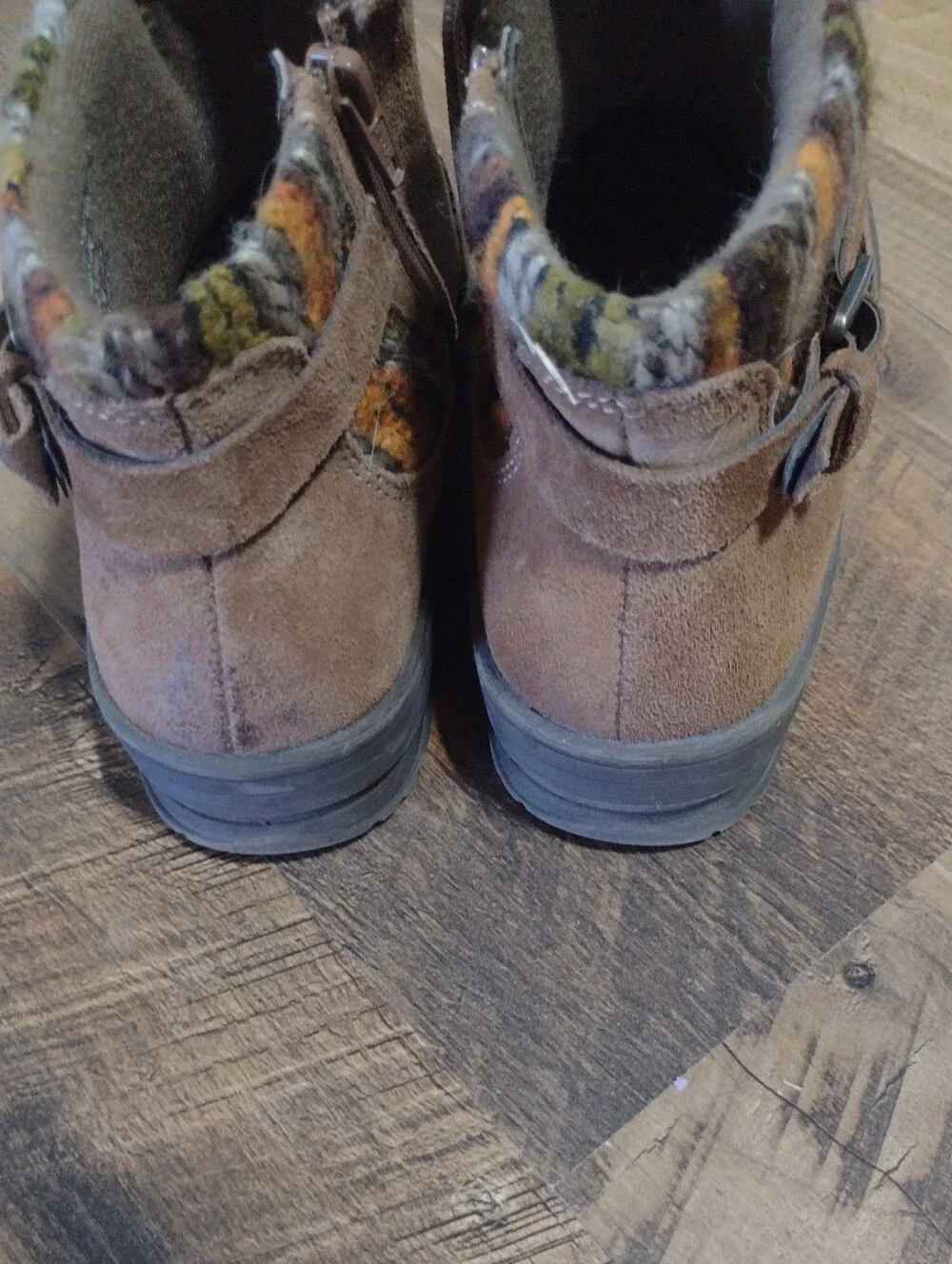 Earth Origins Brown Suede Ankle Booties with Multicolor Knit Cuff